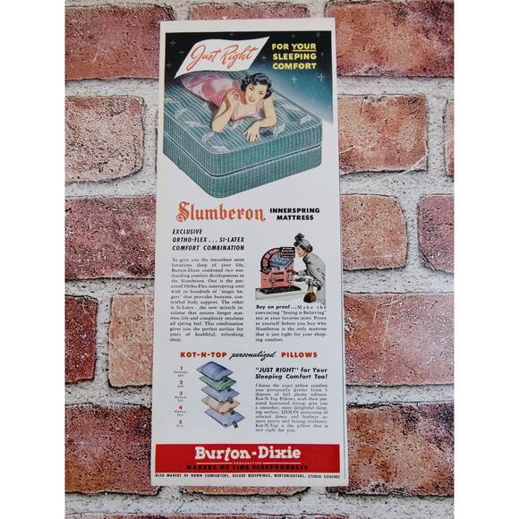 1950 Sexy Brunette on Mattress‎ Vtg MCM Print Ad Slumberton by Burton-Dixie - Picture 2 of 6